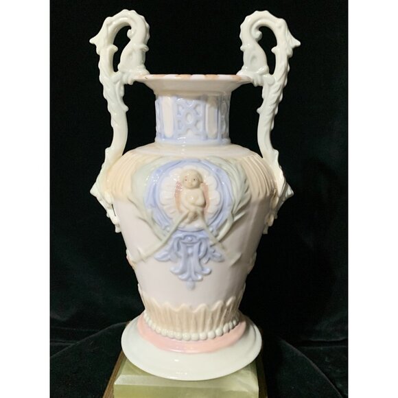 L.R. Other - Vtg Soft Pastel Cherub 8.75" Vase Urn Double Handled Raised Relief Excellent